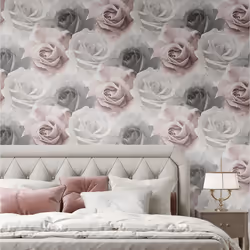 Pink Grey White Floral Rose Bloom Flower Wall Mural Feature Wallpaper
