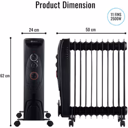PureMate 2500W Oil Filled Radiator - 11 Fin Portable Electric Heater - Black