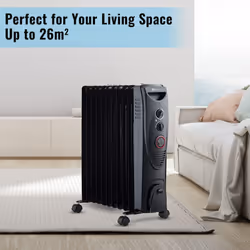 PureMate 2500W Oil Filled Radiator - 11 Fin Portable Electric Heater - Black
