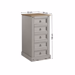 Corona Grey Wax 5 Drawer Narrow Chest Solid Pine Bedroom Furniture