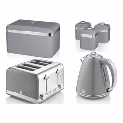 Swan Retro Grey Jug Kettle, 4 Slice Toaster, Bread Bin & 3 Canisters
