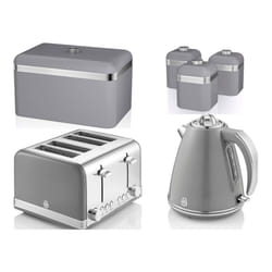 Swan Retro Grey Jug Kettle, 4 Slice Toaster, Bread Bin & 3 Canisters