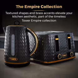 Tower Empire Black Jug Kettle, 4 Slice Toaster, Bread bin, Canisters, Mug Tree & Towel Pole