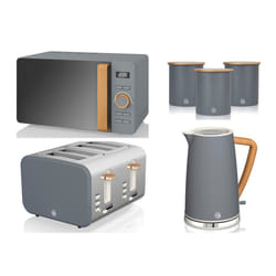 Swan Nordic Grey Kettle, 4 Slice Toaster, Microwave & Canisters Set