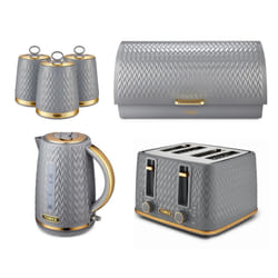 Tower Empire Grey Jug Kettle 4 Slice Toaster Bread Bin & Canisters Set