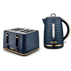 TOWER Empire Midnight Blue Jug Kettle and 4 Slice Toaster Set. Stylish Art Deco Design Kettle & 4 Slice Toaster Set in Blue