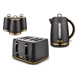 Tower Empire Black Jug  Kettle, 4 Slice Toaster & Canisters Set
