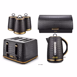 Tower Empire Black Jug Kettle, 4 Slice Toaster, Bread Bin & Canisters Set