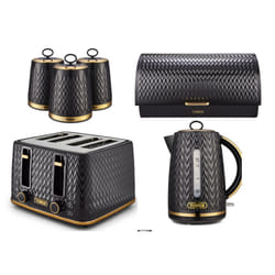 Tower Empire Black Jug Kettle, 4 Slice Toaster, Bread Bin & Canisters Set