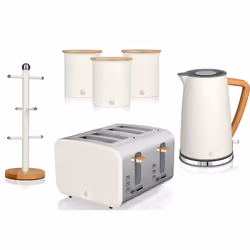 Swan Nordic White Kettle 4 Slice Toaster 3 Canisters Mug Tree Set