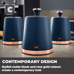 Tower Cavaletto Bread Bin & 3 Canisters Set in Midnight Blue/Rose Gold