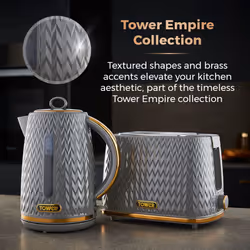 Tower Empire Grey Kettle Toaster Canisters Bread Bin Mug Tree Towel Pole Set of 8