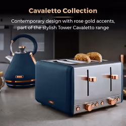 TOWER Cavaletto Pyramid Kettle & 4 Slice Toaster Midnight Blue/Rose Gold