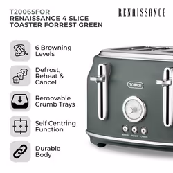 Tower Renaissance Green Kettle 4 Slice Toaster Bread Bin Canisters Set