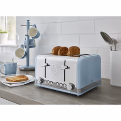 SWAN Retro Blue Kettle, 4 Slice Toaster Microwave & Canisters Set