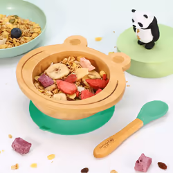 Vinsani Frog Bamboo Bowl & Spoon Set Suction Bowl - Green