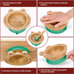 Vinsani Frog Bamboo Bowl & Spoon Set Suction Bowl - Green