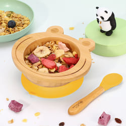 Vinsani Frog Bamboo Bowl & Spoon Set Suction Bowl - Yellow