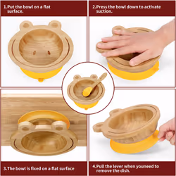 Vinsani Frog Bamboo Bowl & Spoon Set Suction Bowl - Yellow