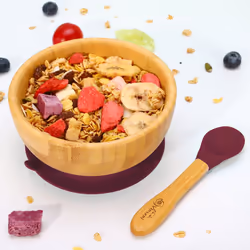 Vinsani Bamboo Bowl and Spoon Set Suction Bowl - Red