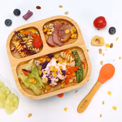 Vinsani Bamboo Suction Bowl, Square Plate & Spoon - Orange
