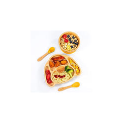 Bamboo Dog Plate Bowl and Spoon Set for Baby Toddler Kids Children, Suction Plate, Stay-Put Non-Slip Base Design, Hypoallergenic, Food-Grade Silicone
