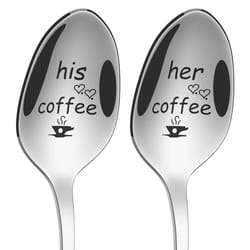 2 Pieces Coffee Engraved Spoons His & Hers Couple Gift Idea Anniversary Wedding Valentines Wife Husband Boyfriend Girlfriend Engagement Stainless