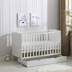 MCC BABY COT BED Wooden Baby Cot Bed & Rollaway Drawer & Aloe Vera Water Repellent Mattress(Orlando Drawer) - White