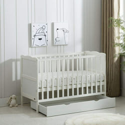 MCC BABY COT BED Wooden Baby Cot Bed & Rollaway Drawer & Aloe Vera Water Repellent Mattress(Orlando Drawer) - White