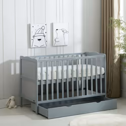 MCC BABY COT BED Wooden Baby Cot Bed & Rollaway Drawer & Aloe Vera Water Repellent Mattress(Orlando Drawer) - Grey