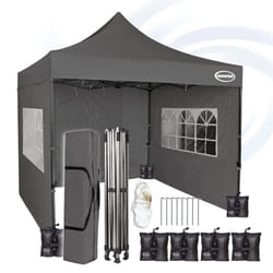 MAXIMUS HEAVY DUTY POP UP GAZEBO 3m x 3m COMMERCIAL MARKET STALL WITH 4 WEIGHT BAGS (4 Walls, Grey)