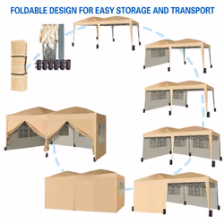 MCC Pop-up Gazebo 3m x 6m with Sides Wind Bars & 6 Weight Bags Water Proof Canopy - Beige