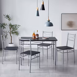 Dining Table and Chairs Set Metal Wood Effect Table Dining Set 4 Chairs Silvia - Black