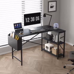 Corner Desk L Shaped Reversible With Bookshelf - 100CM, Black