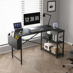 Corner Desk L Shaped Reversible With Bookshelf - 100CM, Black