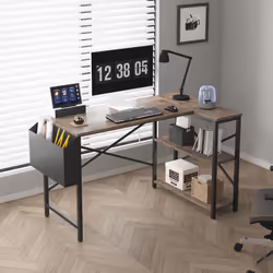 Corner Desk L Shaped Reversible With Bookshelf - 100CM, Distressed grey