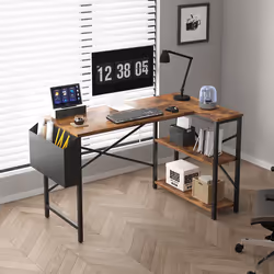 Corner Desk L Shaped Reversible With Bookshelf - 120CM, Brown