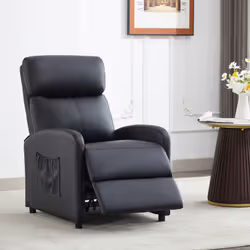 Push Back Recliner Chair w/Lumbar Support, Padded Backrest and Side Pocket - BLACK PU