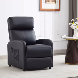 Push Back Recliner Chair w/Lumbar Support, Padded Backrest and Side Pocket - BLACK PU