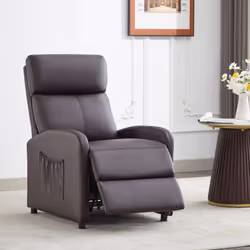 Push Back Recliner Chair w/Lumbar Support, Padded Backrest and Side Pocket - BROWN PU