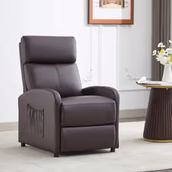 Push Back Recliner Chair w/Lumbar Support, Padded Backrest and Side Pocket - BROWN PU