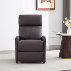 Push Back Recliner Chair w/Lumbar Support, Padded Backrest and Side Pocket - BROWN PU