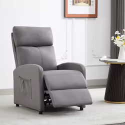 Push Back Recliner Chair w/Lumbar Support, Padded Backrest and Side Pocket - GREY LINEN