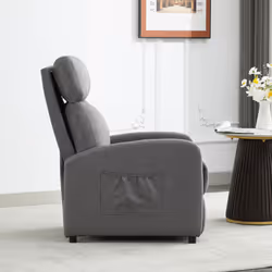 Push Back Recliner Chair w/Lumbar Support, Padded Backrest and Side Pocket - GREY LINEN