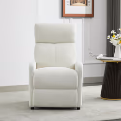 Push Back Recliner Chair w/Lumbar Support, Padded Backrest and Side Pocket - BEIGE TEDDY FABRIC