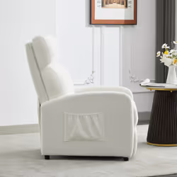 Push Back Recliner Chair w/Lumbar Support, Padded Backrest and Side Pocket - BEIGE TEDDY FABRIC