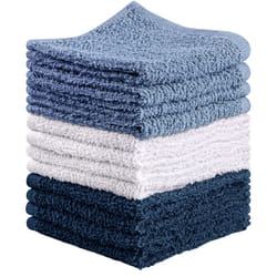 Towel and Linen Mart 100% Cotton - Wash Cloth Set - Flannel Face Cloths  Highly Absorbent and Soft Feel Fingertip Towels Pack of 12  Navy  White & Sky