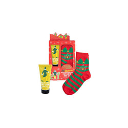 Warner Bros Elf Movie Footcare & Sock Set, Swirly Gum Drop Scented Lotion, Moisturize, Revitalize, Relax, Unwind, Festive Socks, Gift