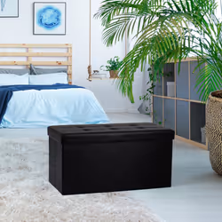 Single Double Ottoman Foldable Storage Box Footstool Seat Faux Leather - Large, Black