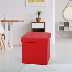 Single Double Ottoman Foldable Storage Box Footstool Seat Faux Leather - Small, Red